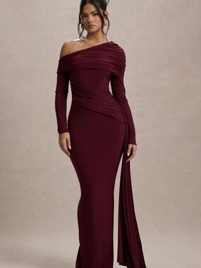Club L London One-Shoulder Burgundy Evening Gown